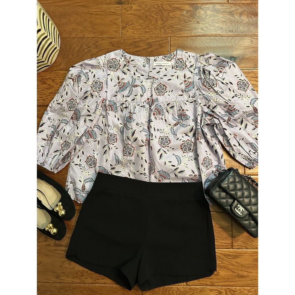 Rebecca Minkoff Women L Large Floral Cotton Puff Sleeve Blouse Top Blue Multi
